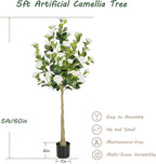 Bellacat 5ft Artificial Camellia Tree with Silk White Flowers, 60in Faux Camellia Plant with Lifelike Trunk, Fake Flower Tree Potted Front Door Plants for Porch Patio Deck Living Room Decor, 2Pack