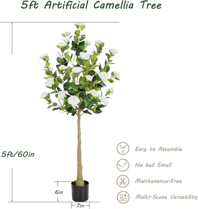 Bellacat 5ft Artificial Camellia Tree with Silk White Flowers, 60in Faux Camellia Plant with Lifelike Trunk, Fake Flower Tree Potted Front Door Plants for Porch Patio Deck Living Room Decor, 2Pack