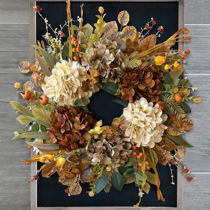 WANNA-CUL 24 Inch Fall Spring Wreaths for Front Door with Hydrangea,Little Pumpkins-Fall Decorations for Home,Fall Door Wreath Decor for Summer,Autumn,Harvest, Halloween or Thanksgiving