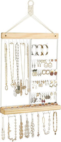 Mkono Hanging Jewelry Organizer Wall Mounted Earring Holder Metal Necklace Holder Wood Shelf with 55 Holes and 7 Hooks Display Rack For Storage Bracelet Rings Ear Studs Accessories Women Bedroom Decor
