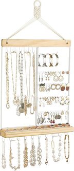 Mkono Hanging Jewelry Organizer Wall Mounted Earring Holder Metal Necklace Holder Wood Shelf with 55 Holes and 7 Hooks Display Rack For Storage Bracelet Rings Ear Studs Accessories Women Bedroom Decor