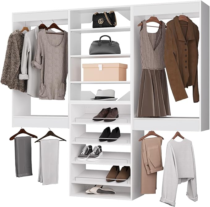 ROOMTEC Modular Closet System, 72" Wall Mounted Closet Organizer with Hanging Rods and Shoe Shelf, Wooden Tower for Walk-In Closets, Wardrobe Storage Kit, White