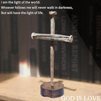 LeMeeOly Jesus Christ Crucifixion Nail Metal Cross Wooden Base, Religious Gifts for Mom Mothers Day, Baptism & Religious Gifts for Men Women,Christian Home Decor (Solid Wood Base)
