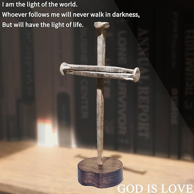 LeMeeOly Jesus Christ Crucifixion Nail Metal Cross Wooden Base, Religious Gifts for Mom Mothers Day, Baptism & Religious Gifts for Men Women,Christian Home Decor (Solid Wood Base)