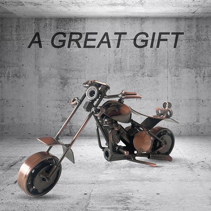 Metal Motorcycle Decor, Copper Chopper Motorcycle Figurine,5.9”x3.5”Unique Iron Motorcycle Sculpture,Cool Home Office Desk Decor,Art Gift Vintage,Christmas Birth Gift for Men Boyfriend Husband