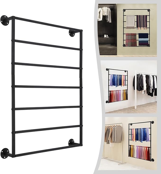 7-tier Wall Mounted Scarf Rack, Scarf Display Rack, Towels Storage Rack, Commercial Hijab Scarf Holder Organizer Space Saving for Retail Stores, Boutiques, Home (Black, 7 Tiers)