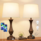 Seealle Upgraded Touch Lamps for Night Stands Set of 2 - Bedside Lamps with USB C+A, 3 Way Dimmable for Bedroom Living Room End Tables Office (White&Brown)