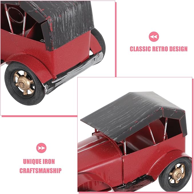 Vintage Metal Classic Car Model, Retro Automobile Figurine, Red Antique Vehicle Ornaments Rustic Decor for Office Shelf Display