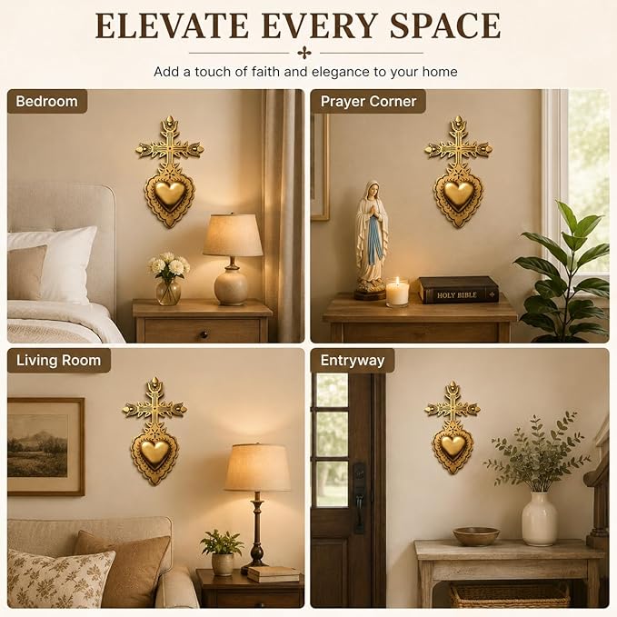 MVTDONT Golden Wall Cross-Saint Heart Miracle Decorative Wall Cross, Antique Gold Heart Design, Vintage Religious Home Deco