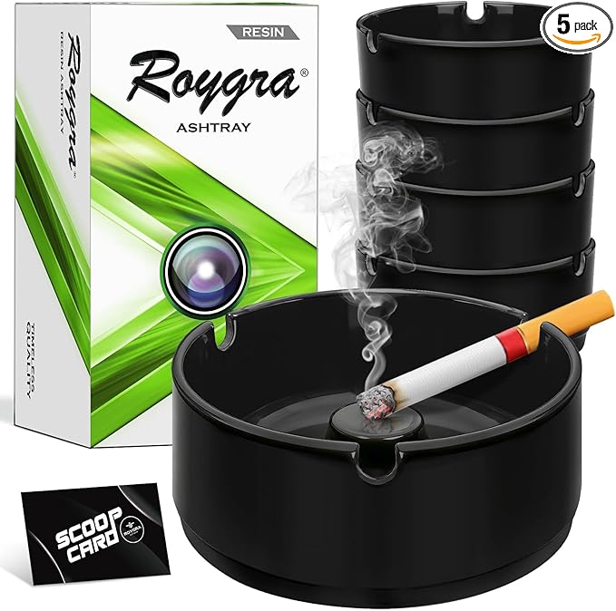 roygra Ash Tray (5 Pack), Outdoor Ashtray for Outside Patio, Resin Ashtrays for Cigarettes with 3 Holder, Smoking Accessories, Home Décor, Stackable Ashtrays for Smokers Indoor - Black