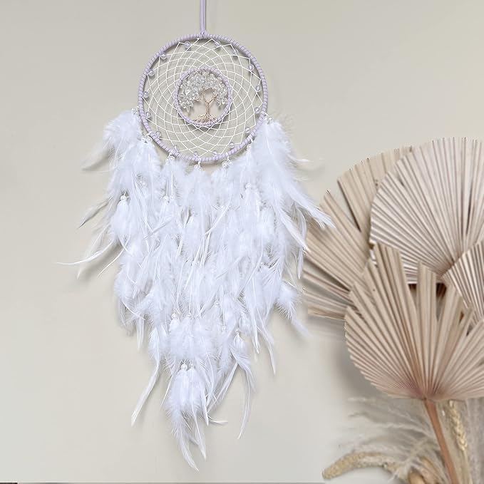 Dream Catchers, White Dream Catcher Tree of Life Wall Decor, with Natural Healing Crystal Stone, Perfect Rock Crystal Handmade Dreamlike Dream Catchers for Bedroom Decor Art Craft Gift