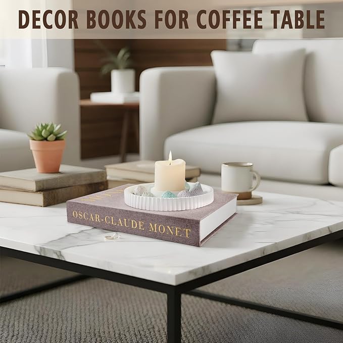 Decorative Books for Home Decor, Coffee Table Decor with Linen White Books Stack Bookshelf, Fake Book Double as Libros Decorativos and Photo Storage (2 Piece Set with Tray)