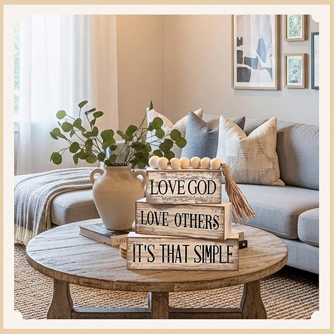 Moucuny 4 Pcs Christian Table Decor Rustic Wooden Block Sign Set with Love God Love Others It's That Simple Farmhouse Stacked Decor with Beaded Garland Tassel Christian Home Decorations for Home Shelf