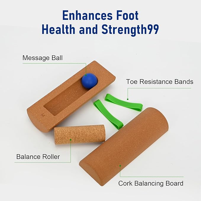 Cork Balance Foot 4-in-1, Portable Cylinder Foot Trainer, Strengthener to Improve Mobility Arch Exerciser for Adults Including Half-cylinder, Cylinder, Massage Ball, Toe Resistance Band