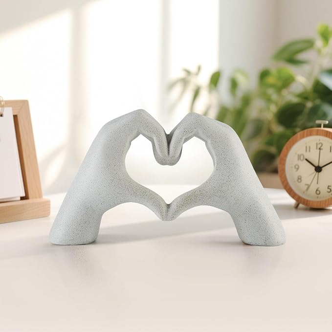 White Heart Hands Sculpture - 9.4" W Modern Home Decor Sculpture for Shelves, Desk & Living Room, Minimalist Shelf Decorations, Heart Hands Decor
