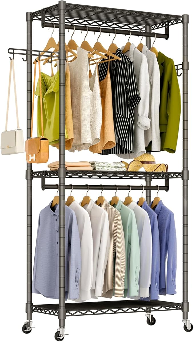Heavy Duty Rolling Garment Rack, 3 Tiers Wire Shelves Adjustable Freestanding Portable Rolling Clothing Rack with Lockable Wheels, 35.4''L x 15.8''W x 78.8''H, Max Load 420LBS