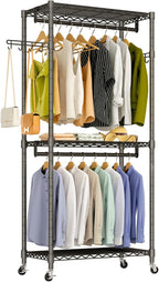 Heavy Duty Rolling Garment Rack, 3 Tiers Wire Shelves Adjustable Freestanding Portable Rolling Clothing Rack with Lockable Wheels, 35.4''L x 15.8''W x 78.8''H, Max Load 420LBS