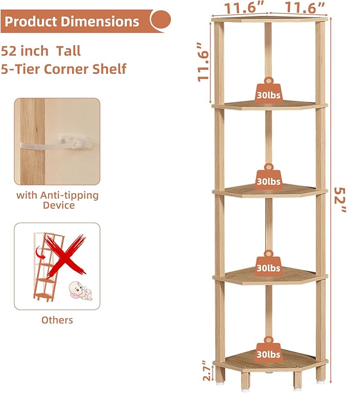YUFAM 5-Tier Corner Shelf with Sturdy 5-Leg Base, Wooden Corner Bookshelf for Small Spaces, Corner Standing Shelf for Living Room, Bedroom, Bathroom, Natural