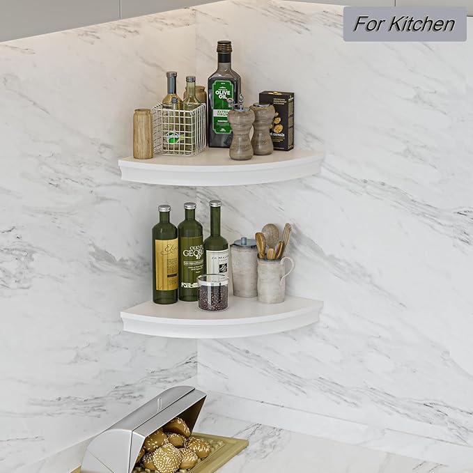 HAO Floating Corner Shelf Invisible Wall Mounted Shelves Radial Shape Cable Wire Hole Pattern Perfect for Bedroom Bathroom Living Room Kitchen Set of 2 White