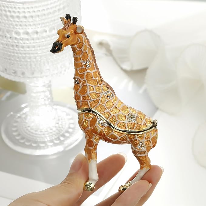 Hand Painted Trinket Box for Home Decor Accents, Enamel Hinged Jewelry Box for Bookshelf Office Table Desk Decoration, Classical Figurine Collectible Keepsake Animal Sculptures (Giraffe-Yellow)