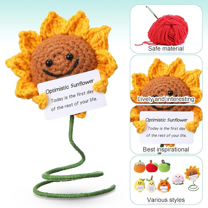 VioraWhite 18 Pcs Positive Fruit Sunflower Emotional Crochet Dolls Bulk Support Encouragement Emotional Knitted Crochet Gifts with Positive Words for Friends Coworker Decorations for Home Office