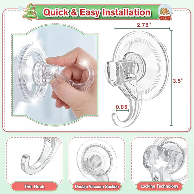 VIS'V Wreath Hanger, Large Suction Cup Wreath Hooks, Heavy Duty, 22 LB Capacity, Removable and Reusable, Clear, 6 Pcs