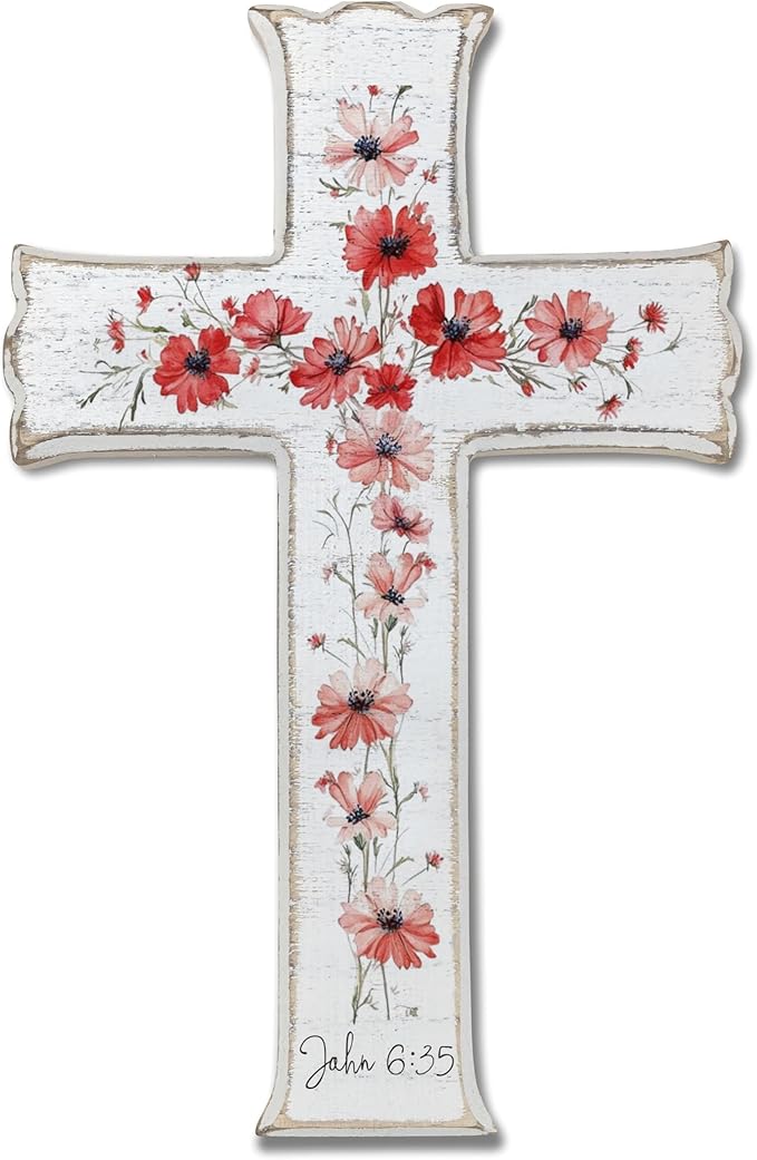 VZVCTFS White Cross with Red Wildflowers - John 6:35 Scripture Wooden Wall Decor, Rustic Farmhouse Christian Gift, Inspirational Floral Art for Home, Easter Christmas (6.5x10 Inch)（A08）