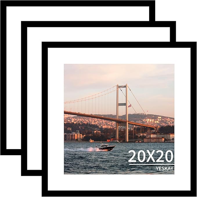 20x20 Picture Frame 3 Pack - Black Poster Frame Display Pictures 16x16 with Mat or 20 x 20 Without Mat for Wall Hanging Horizontal and Vertical