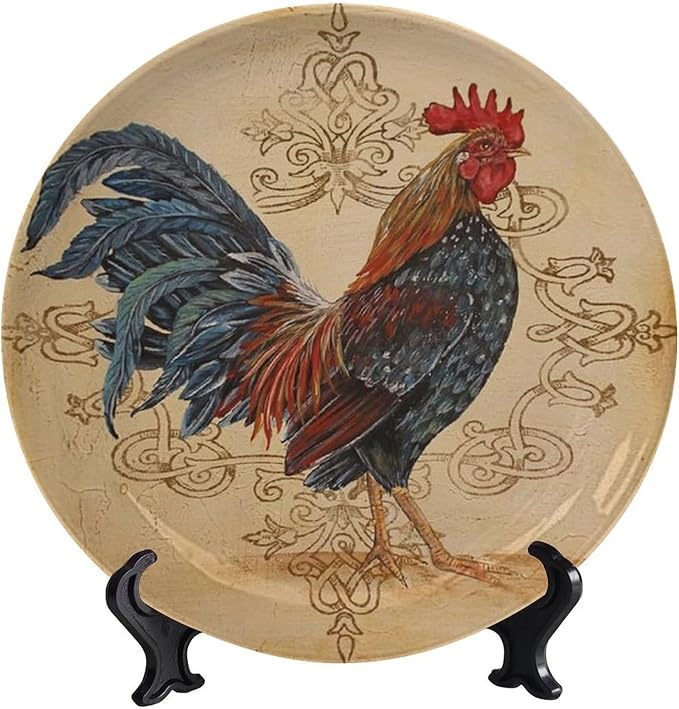 Rooster Decorative Plate Stand, 10 Inch, Rooster On A Khaki Background Round Display Plate, Handmade Ceramic Ornament, for Display Living Room Kitchen Closet Table Decor