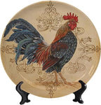 Rooster Decorative Plate Stand, 10 Inch, Rooster On A Khaki Background Round Display Plate, Handmade Ceramic Ornament, for Display Living Room Kitchen Closet Table Decor