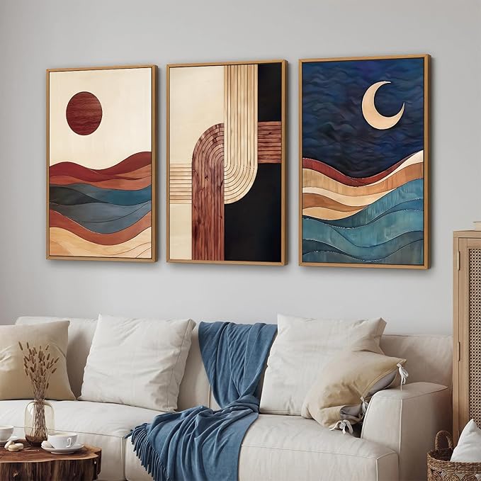 SIGNINART Boho Mid Century Modern Framed Canvas Wall Art, Bohemian Geometric Wall Decor, Abstract Sun and Moon Artwork,Beige and Black Wooden Art Paintings for Living Room Bedroom Office 24"x36"x3