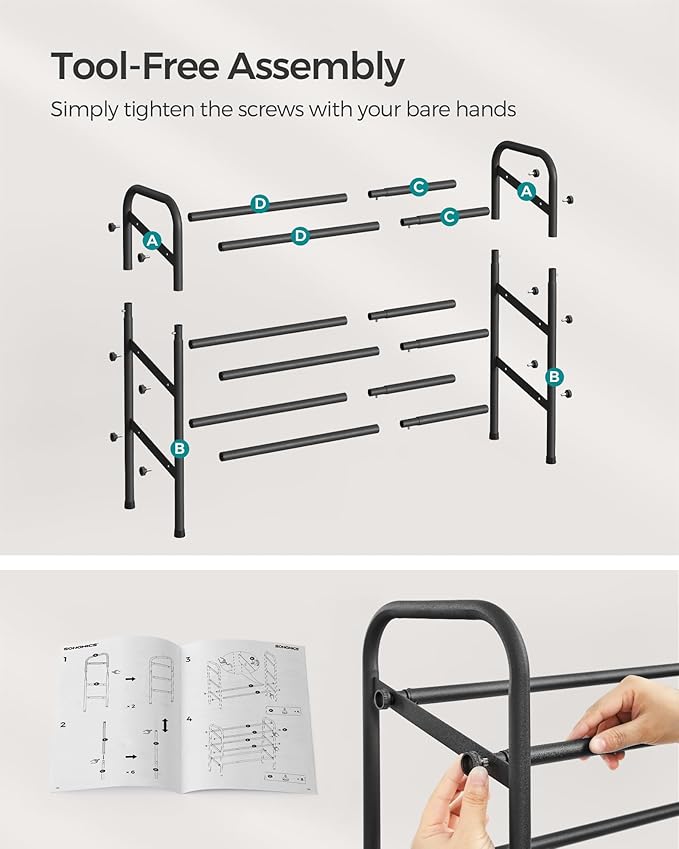 SONGMICS Expandable Shoe Rack, 3 Tier Shoe Rack Shelf, Adjustable Shoe Organizer Storage for 20 Pairs of Shoes, Metal Free Standing Shoe Racks for Closet, Front Door Entryway, Easy Assembly, Ink Black