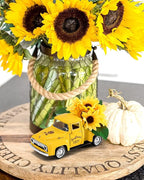 Huray Rayho Sunflower Metal Truck with Artificial Plastic Flower Yellow Vintage Farm Pickup Farmhouse Tabletop Tiered Tray Decor Home Kitchen Mantel Shelf Spring Mini Diecast Truck Decorations