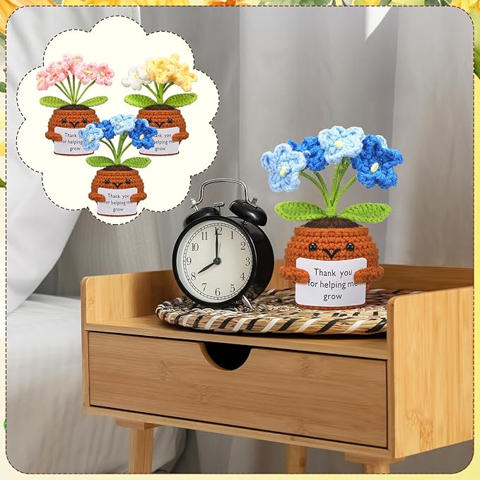 Wavwavw 3 Pack Teacher Appreciation Gift Positive Flower Handmade Crochet Doll Thank You for Helping Me Grow Gifts Back to School Gifts for Women Teacher(Forget Me Not)