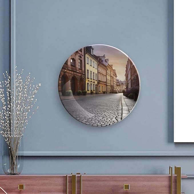 Poland's Historic Center Street Bone China Decorative Plate for Home Decor, Round Ceramic Decorative Dish with Stand Hook, Wall Hanging Ornament Plates for Office, Porcelain Plates 7inch