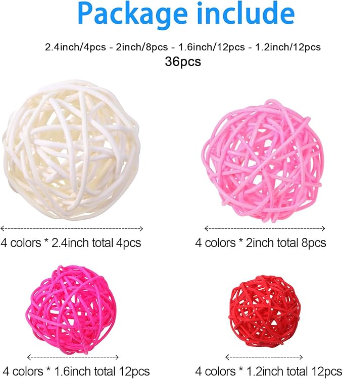 Patelai 36 Pcs Wicker Rattan Balls Decorative Balls for Vase Centerpiece Bowls Orbs Filler for Home Decor,4 Sizes(White, Pink, Rose, Red,2.4'',2'',1.6'',1.2'')