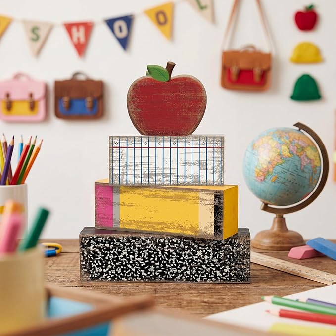 Lineshading 4 Pcs Back to School Table Decorations Retro Red Apples Decor Back to School Tiered Tray Decor Apple Centerpieces Rustic Wood Pencil Block Sign Farmhouse Gifts for Home Shelf Mantel