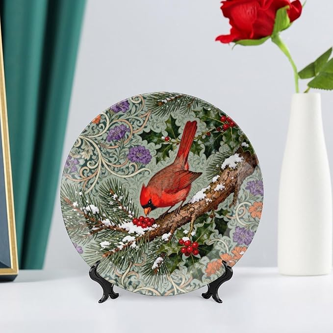 William Morris Forest Art Cardinals Winter Holly Plates Ceramic Decor for Art Decoration Home Table Custom Wedding Idea Gifts Hand Painted Wall Hanging Decor with 1 Display Stand, Multi Sizes