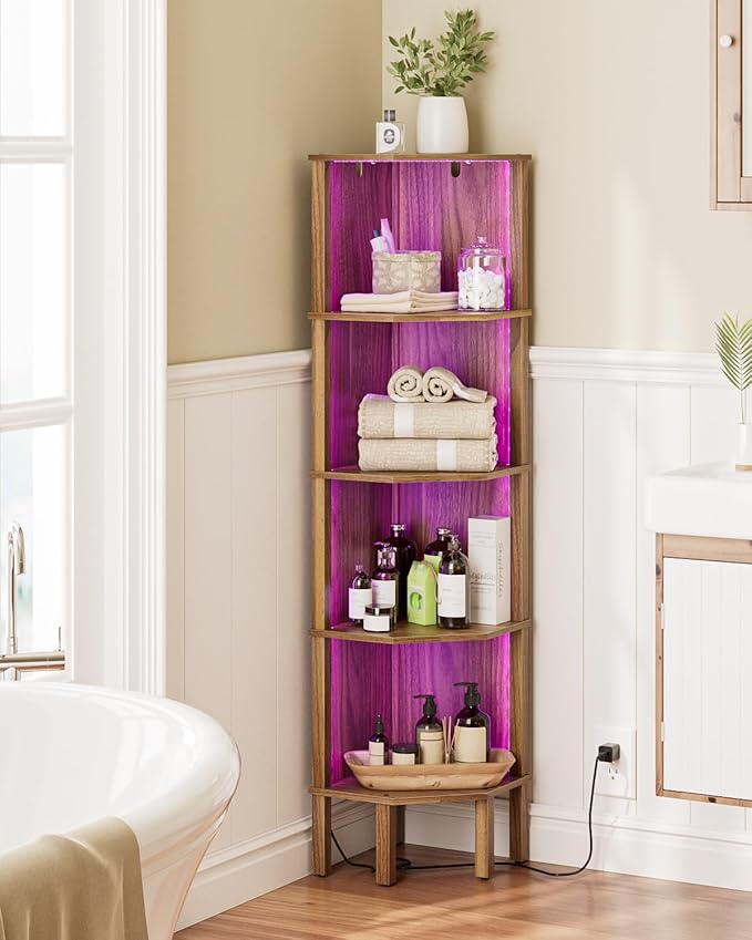 Corner Shelf Stand, 5 Tier Corner Bookshelf,Corner Furniture for Bedroom Display Corner Shelf for Small Space,Wood Shelves with Storage Rack for Living Room,Office,Walnut