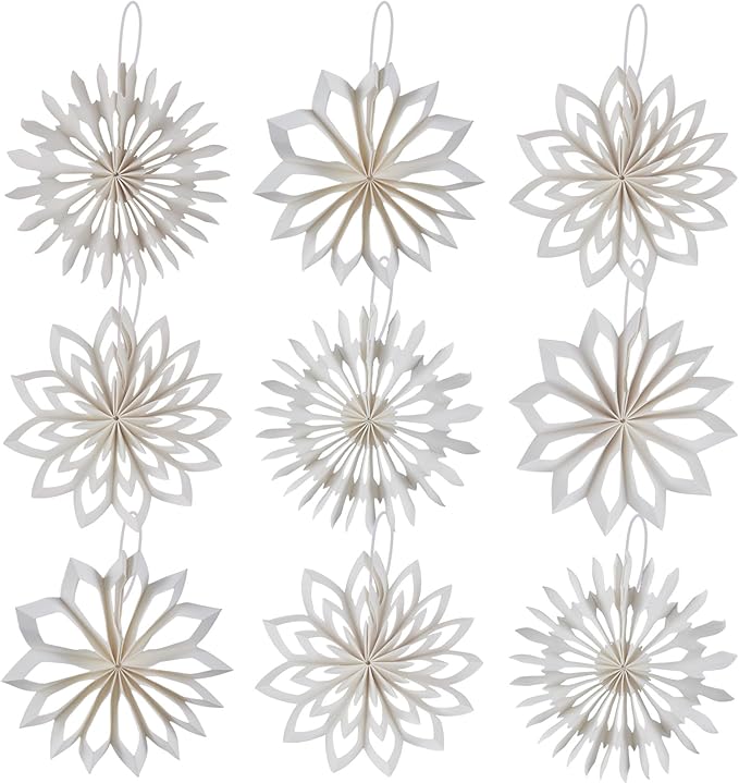 EASY JOY 9Pcs Christmas Hanging Decorations-White Snowflakes Ornaments 3D Christmas Winter Decorations Pure White Hanging Snowflake Decoration for Christmas Tree Garland Winter Home Window Room