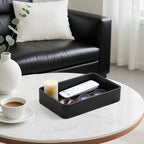 PU Leather Valet Tray Organizer, Modern Nightstand Organizer Bedside Desktop Storage for Womens and Men, Decorative Perfume Trinket Catchall Vanity Tray for Key Watch Wallet (Black)