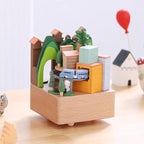 Natural Solid Wood Handcrafted Beech Wooden, Musical FigureTotoro/Carousel/Fairy/Ballerina Figurine,Rotating Hand Crank Mechanism Music Box,Musical Decorations (Train of City)