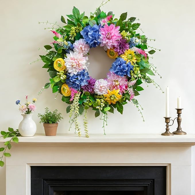 Spring and Summer Wreaths for Front Door 24 Inch Summer Wreath with Vibrant Dahlia, Gerbera Daisy & Primula Floral Arrangement - All Seasons Summer & Spring Door Wreath for Outside Decor