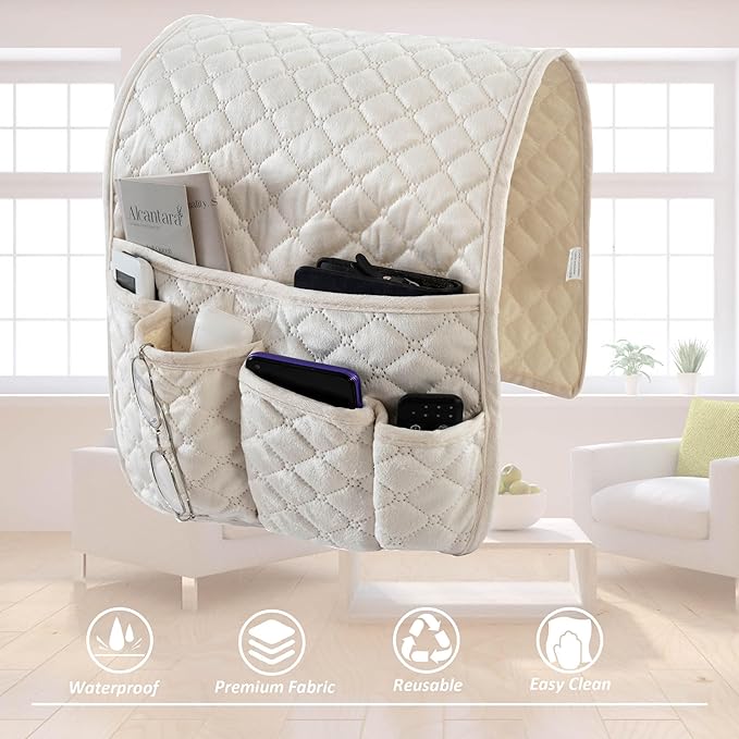Velvet Armchair Caddy for Couch Remote Control Holder Non-slip Sofa Armset Organizer Caddy Storage for Recliner Couch 5 Pocket for Magazine 35"x13" Ivory 1 Piece