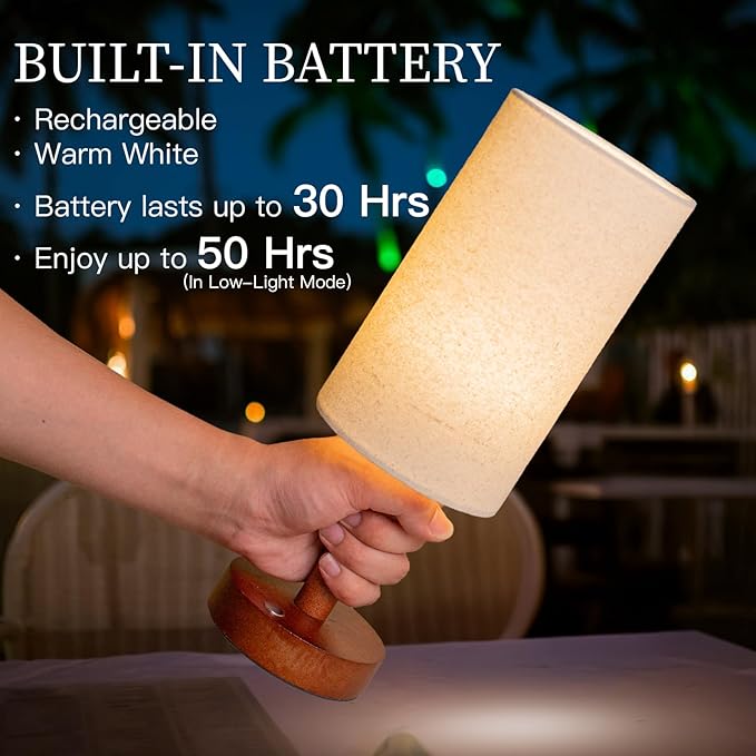 LALISU Small Table Lamp Nightstand Lamp Linen Lampshade Bedroom Wood Base Small Bedside Lamp for Night Stands, Desk Lamps for Reading Living Room, Office (LED Bulb Included) (Walnut Wood Cordless(2))