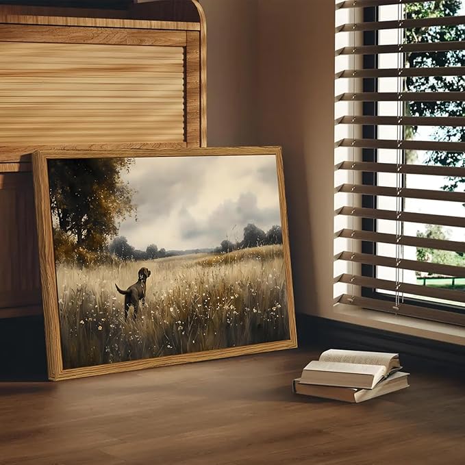 Framed Vintage Hunting Black Dog Wall Art, Rustic Country Landscape Pictures Wall Decor, Farmhouse Animal Paintings Canvas Prints for Home Living Room Bedroom 12x16 inch
