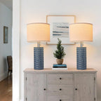 Reaketon 20.5" Modern Ceramic Table Lamps for Bedroom Set of 2, Bedside Lamps for Night Stands with Beige Lampshade, Farmhouse Table Lamp for Living Room Office Dorm, Blue