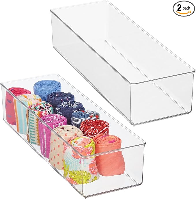 mDesign Plastic Drawer Organizer Box, Long Storage Organizer Bin Container; For Closets, Bedrooms, Use for Leggings, Socks, Ties, Jewelry, Accessories - Lumiere Collection - 2 Pack - Clear