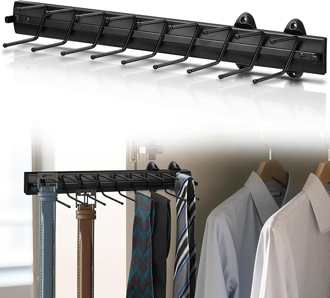 Sliding Tie Racks, 18 Tie Hanger Pull Out Belt Rack 16.5'' Aluminum Alloy Extendable Wardrobe Closet Organizer with 18 Hooks for Belts, Ties, and Scarves, 16.5'' x 3.15''(Sprayed Black)