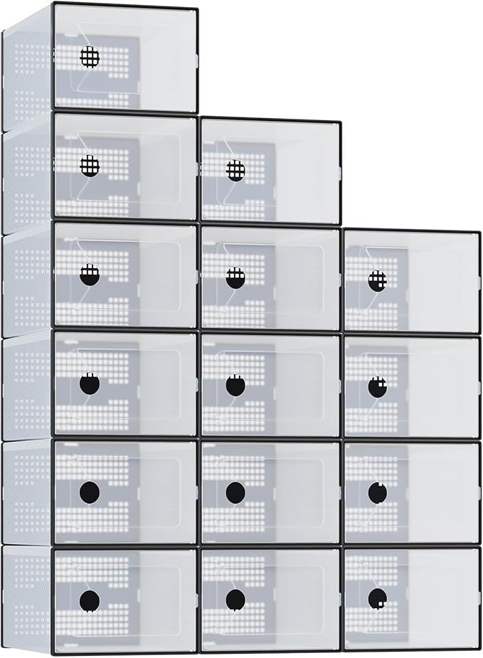 NEWBULIG 45 Clear Shoe Storage Boxes, Shoe Organizer for Closet with Lid, Plastic Stackable Breathable Shoe Cabinet with Lid for Sneakers, Heels & Boots, Black